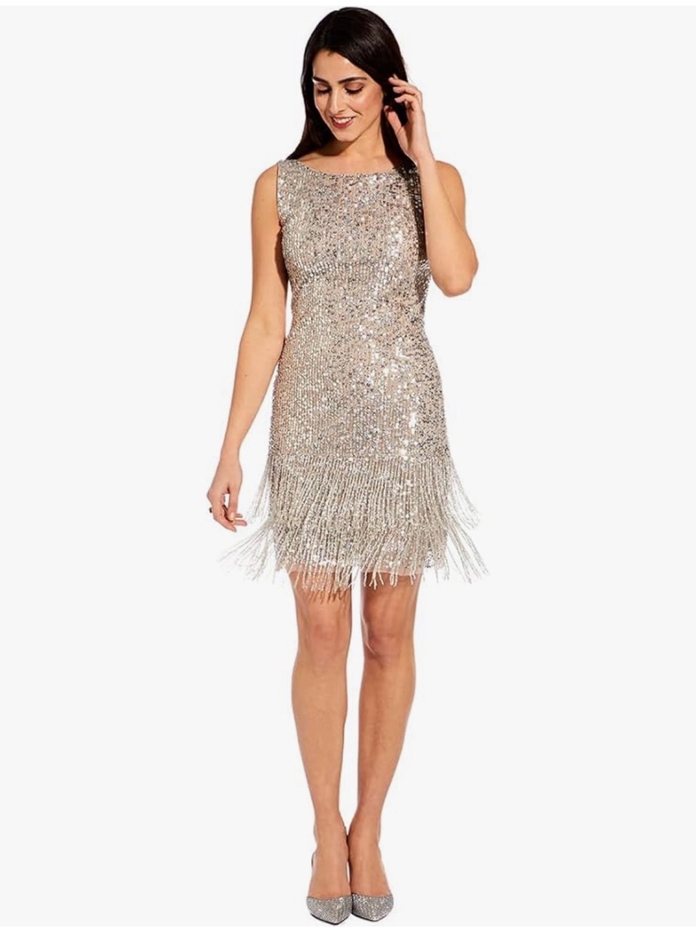 Adrianna Papell Silver Sequin Fringe Sleeveless Dress - Picture 4 of 9
